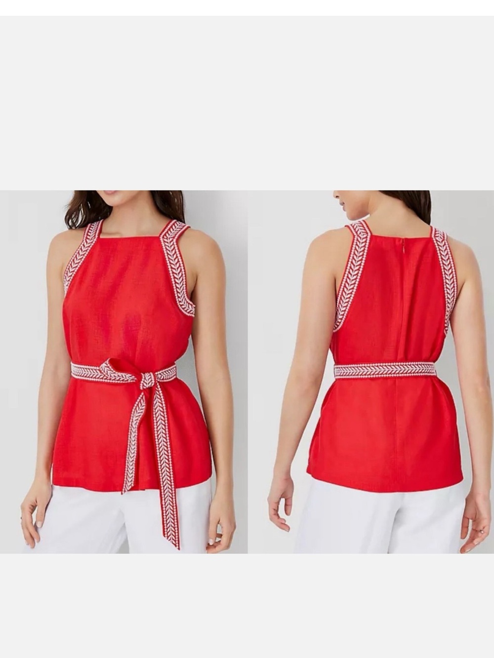 Ann Taylor Red Embroidered Square Neck Halter Top with Sash Tie